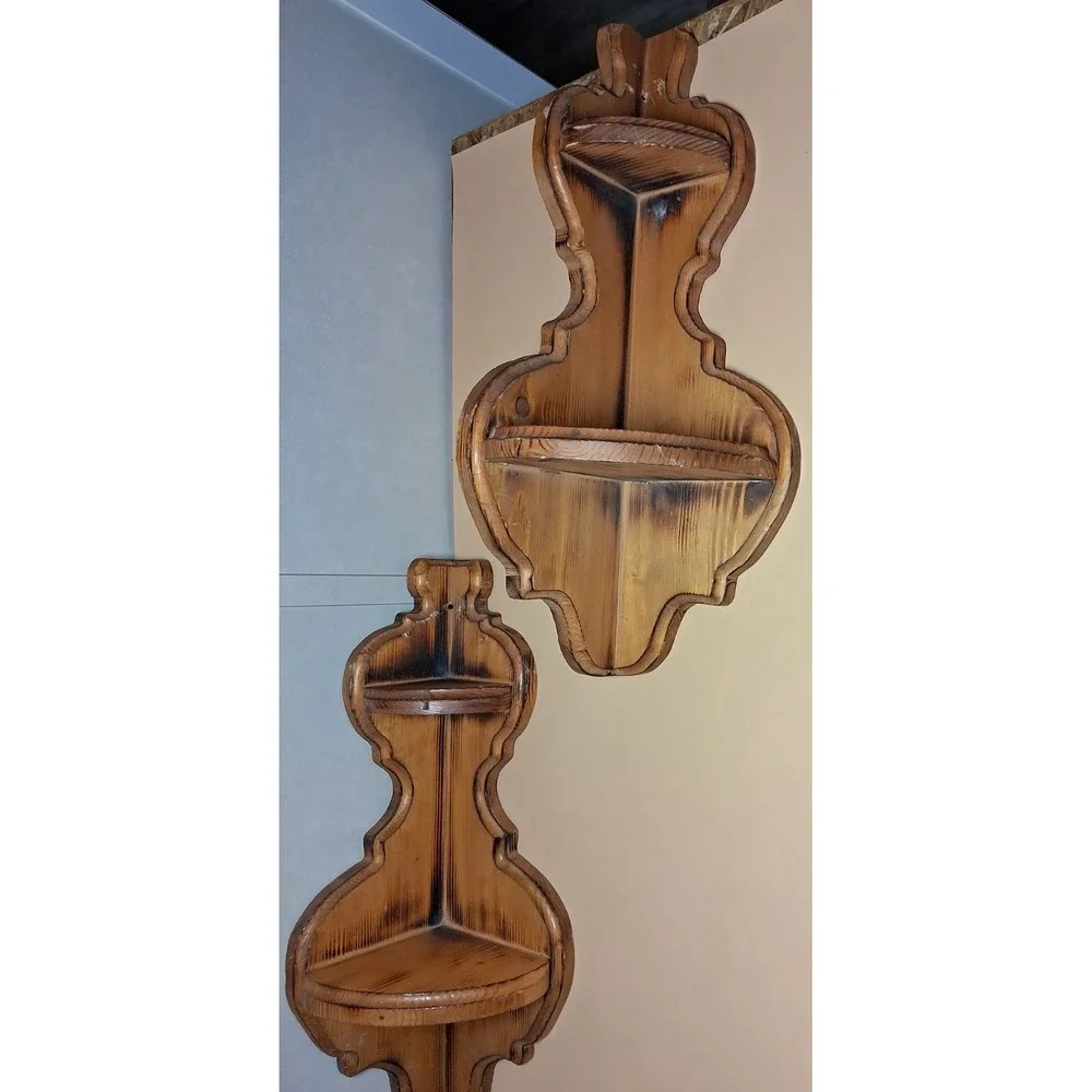 2 Vintage Carved Wood Corner Wall Shelfs W/Two Tiers
